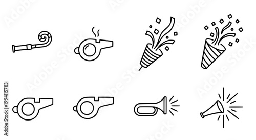 Whistle Party Popper and Trumpet Icon Set in Outline Style for Celebration Sports and Event Design