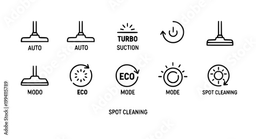 Vacuum Cleaner Mode Icon Set with Auto Turbo Suction Eco and Power Symbols in Outline Style for Appliance UI