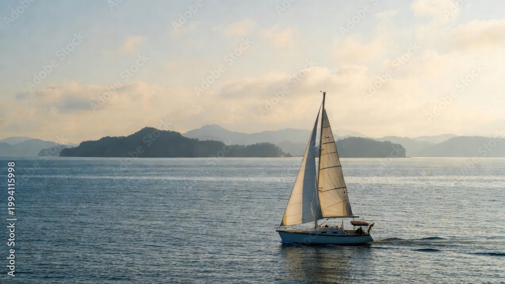 Fototapeta premium Sailboat under sunlit sails passing coastal islands at sea