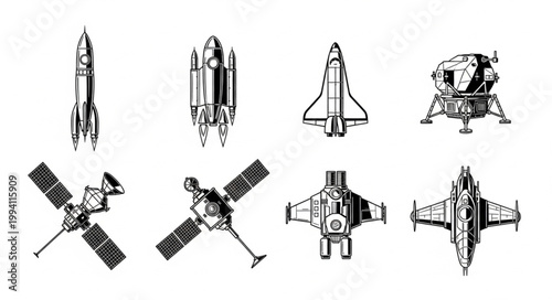 Collection of space rockets and spacecraft illustrations.