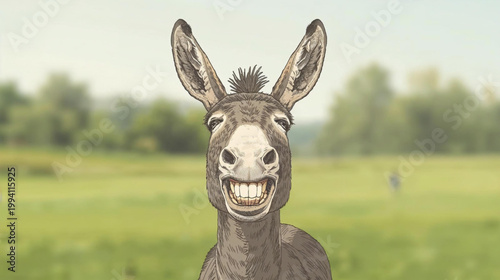 Schilderij op canvas vintage-style sketch of a donkey with a wide grin and exaggerated teeth,  The do