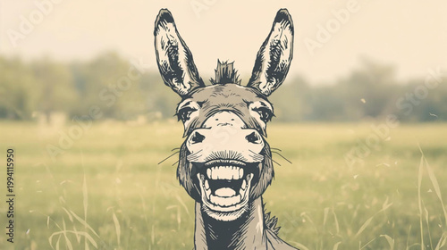 vintage-style sketch of a donkey with a wide grin and exaggerated teeth,  The donkey's playful, mischievous expression 