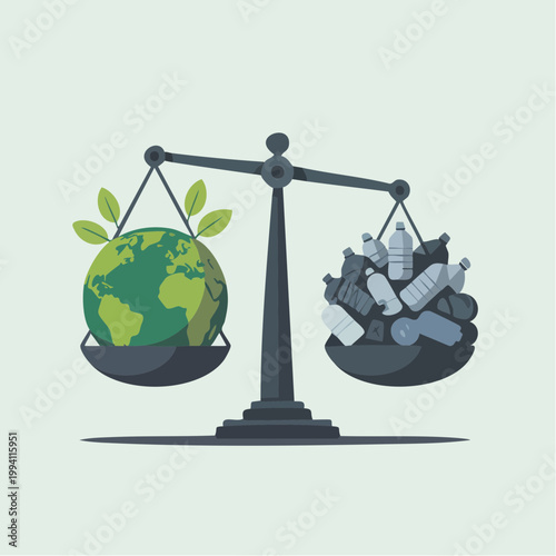 Environmental Balance Concept Overconsumption vs Sustainability Tilted Scale Minimal Flat Vector Illustration