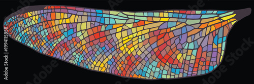 Color mosaic, dragonfly wing stained glass with colorful pieces. Organic bionic pattern. Enamel glass painting. Vector multicolor background isolated on a black background
