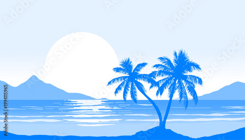 Tropical Beach Blue Sunset Illustration – Palm Tree Silhouette with Ocean Reflection, Mountain and Sun for Summer Travel Design, Coastal Landscape Art