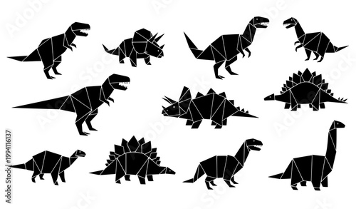 Origami dinosaur set black and white low poly geometric dinosaurs kids educational vector illustration isolated on white
