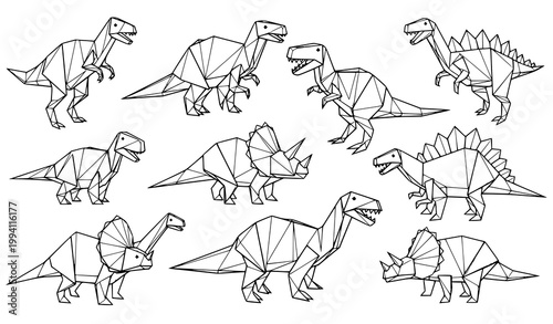 Creative origami dinosaur collection black and white low poly geometric dinos vector illustration set isolated on white background