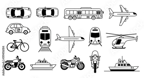 Collection of various transportation vehicles and modes of travel.