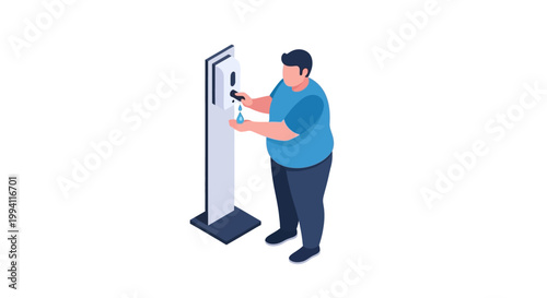 Isometric illustration of a person using a hand sanitizer dispenser.