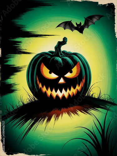Gothic Oil Painting of Spooky Jack O Lantern Pumpkin and Bat