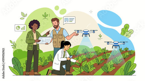 Modern farmers and agricultural scientists using drones and digital tablets for precision farming and crop monitoring in a field