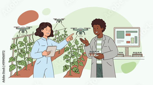 Scientists using drones and digital tablets for smart agriculture and plant monitoring in a greenhouse laboratory illustration