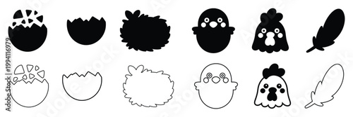 Black and white illustration set of cute cartoon chicken hatching from egg