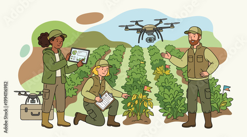 Smart Farming Concept Illustration with Agricultural Specialists Using Drone and Tablet for Crop Monitoring and Data Analysis in a Field