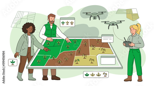 Smart Farming and Precision Agriculture Illustration with Diverse Farmers Using Digital Map and Drones to Monitor Crops