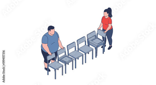 Isometric illustration of people arranging chairs in a row for seating.