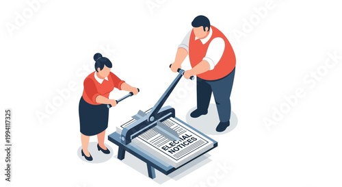 Isometric Illustration of People Cutting Election Notices with Scissors.