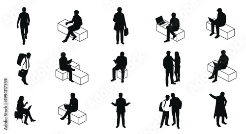 isometric black silhouette people vector set for architectural renderings with figures sitting standing and walking.