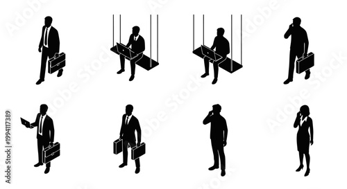 isometric business people silhouette vector set of professionals in various poses for corporate infographics.