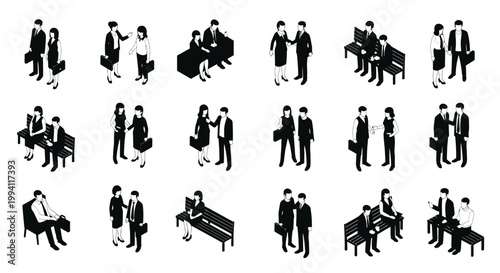 isometric business people vector set showing corporate communication and professional interactions like meetings and conversations