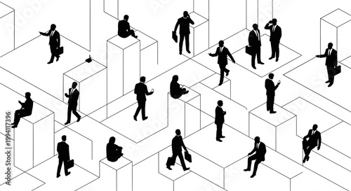 isometric business people silhouettes in modern architectural setting
