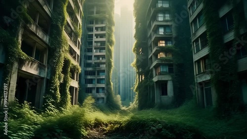 Abandoned buildings stand amidst overgrown greenery in a desolate urban landscape.