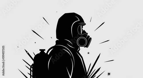 hazmat suit and gas mask on a person wearing protective gear standing in a dangerous environment against sharp debris