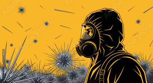 a person in a protective gas mask and hazmat suit stands alert amidst a toxic pollution and environmental disaster evoking crisis and safety themes.
