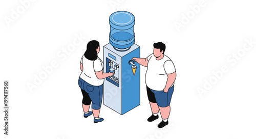 Isometric Illustration of People Using a Water Dispenser for Refreshment.