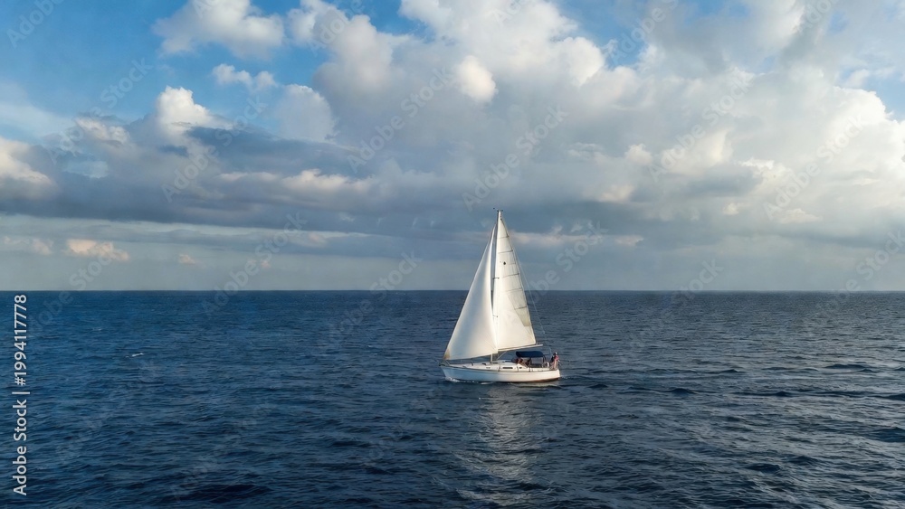 Obraz premium Sailboat navigating open ocean beneath dramatic cloud sky