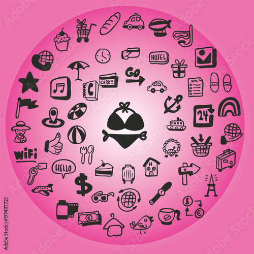 Travel and tourism icons in a circular pattern on pink background