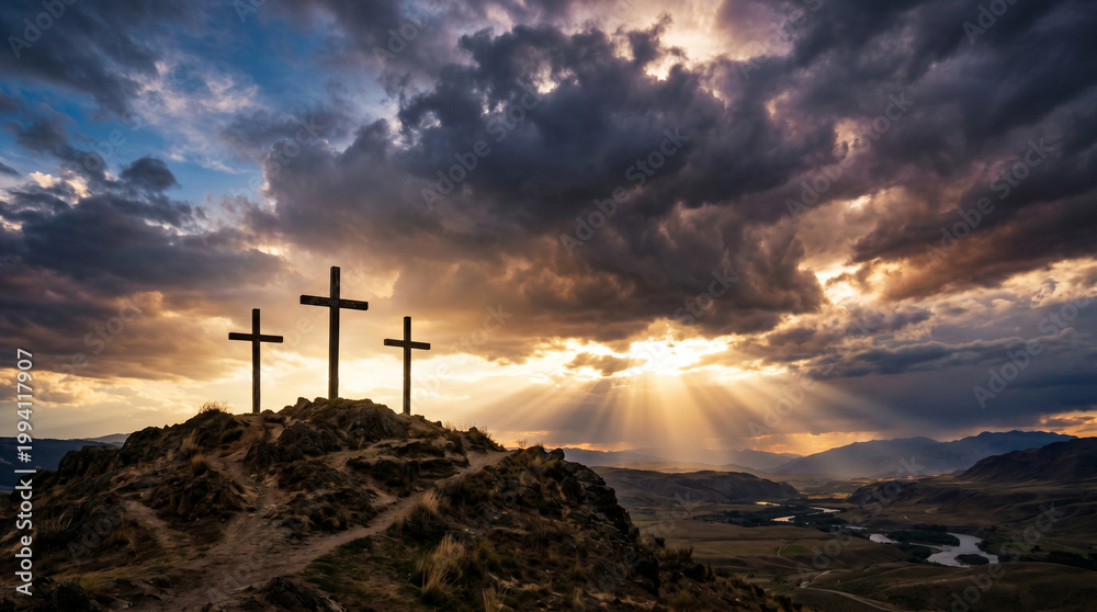 Obraz premium Three wooden crosses on a hill at sunset for Good Friday and Easter