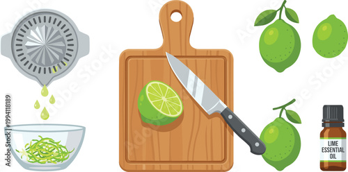 Lime Preparation and Cooking Icon Set with Juicer, Cutting Board, Knife, Zest, Whole Fruit, and Essential Oil for Fresh Citrus Food Design