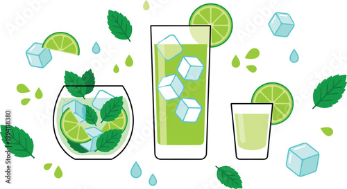  Fresh Lime Drink Icon Set with Mojito Cocktail, Juice Glasses, Ice Cubes, Mint Leaves, and Citrus Slices for Summer Beverage Design