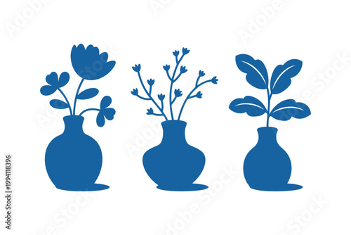 Minimalist blue floral vase silhouettes with various plant leaf types.