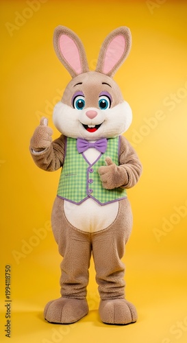 Easter Bunny mascot in a green vest on yellow background.