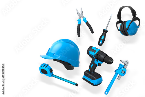 Various construction tools including wrench, hammer, pliers, and helmet isolated on white background with clipping path