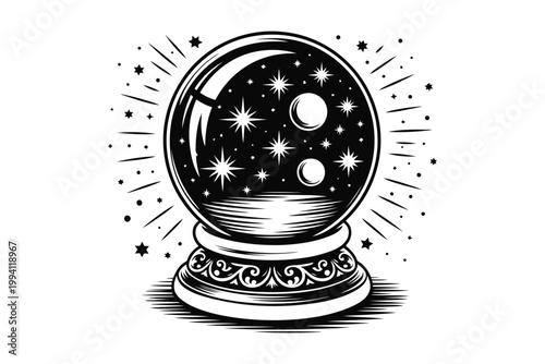Mystical crystal ball with stars and moons on ornate pedestal drawing.