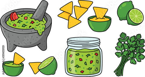 Guacamole and Nachos Icon Set with Avocado Dip, Tortilla Chips, Lime, Cilantro, and Salsa Jar for Mexican Food and Snack Design