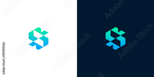 Modern abstract geometric 'S' initial logo design with vibrant gradient on white and dark backgrounds
