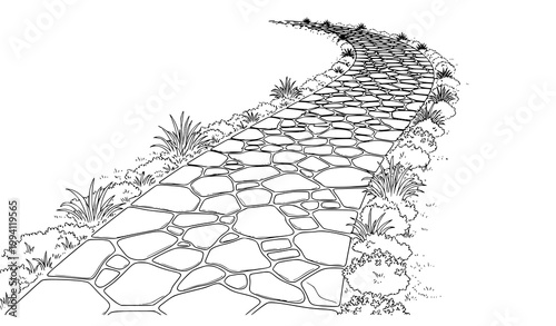 Fotografie A black and white vector illustration of a stone pathway with grass