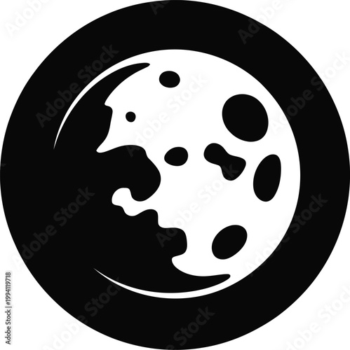 Black and white stylized full moon icon with craters on white background celestial space