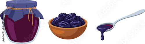 Plum Jam and Dried Fruit Icon Set with Preserves Jar, Prunes Bowl, and Syrup Spoon for Sweet Organic Food and Dessert Design