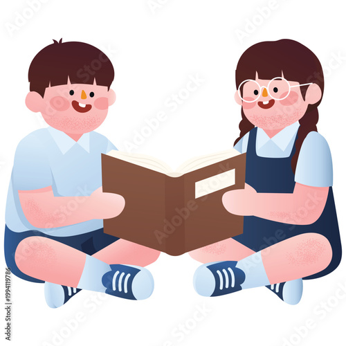 Student Social Life Illustration. Vector illustration of Two students sitting and reading book together, shared learning and friendship. Isolated on background