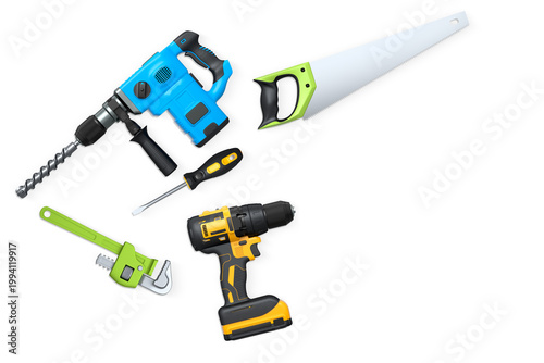 Assorted construction tools including drill, saw, pliers, and headphones on white background with clipping path, concept of DIY