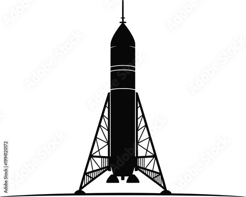 Black silhouette of a rocket on a launchpad with intricate support structure spaceship space