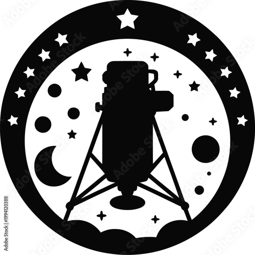 Black silhouette of lunar lander with stars and moon in circular frame on white background