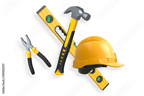 Various construction tools including wrench, hammer, pliers, and helmet isolated on white background with clipping path
