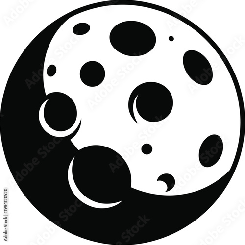 Full moon with craters and crescent shadow on white background black silhouette Keywords: moon