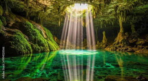A serene and mystical cave with a body of water and sunlight filtering through